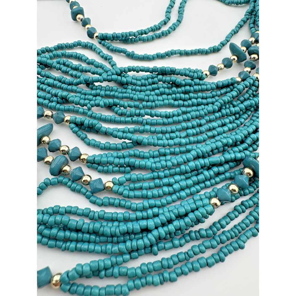 Southwest Style Turquoise Blue Seed andBrass Bead 30 Multi Strand Necklace 26" - Picture 2 of 4